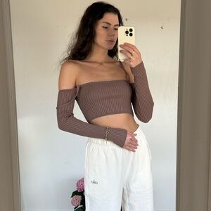 NWOT / S / ZARA Brown Off-Shoulder Ribbed Crop Top